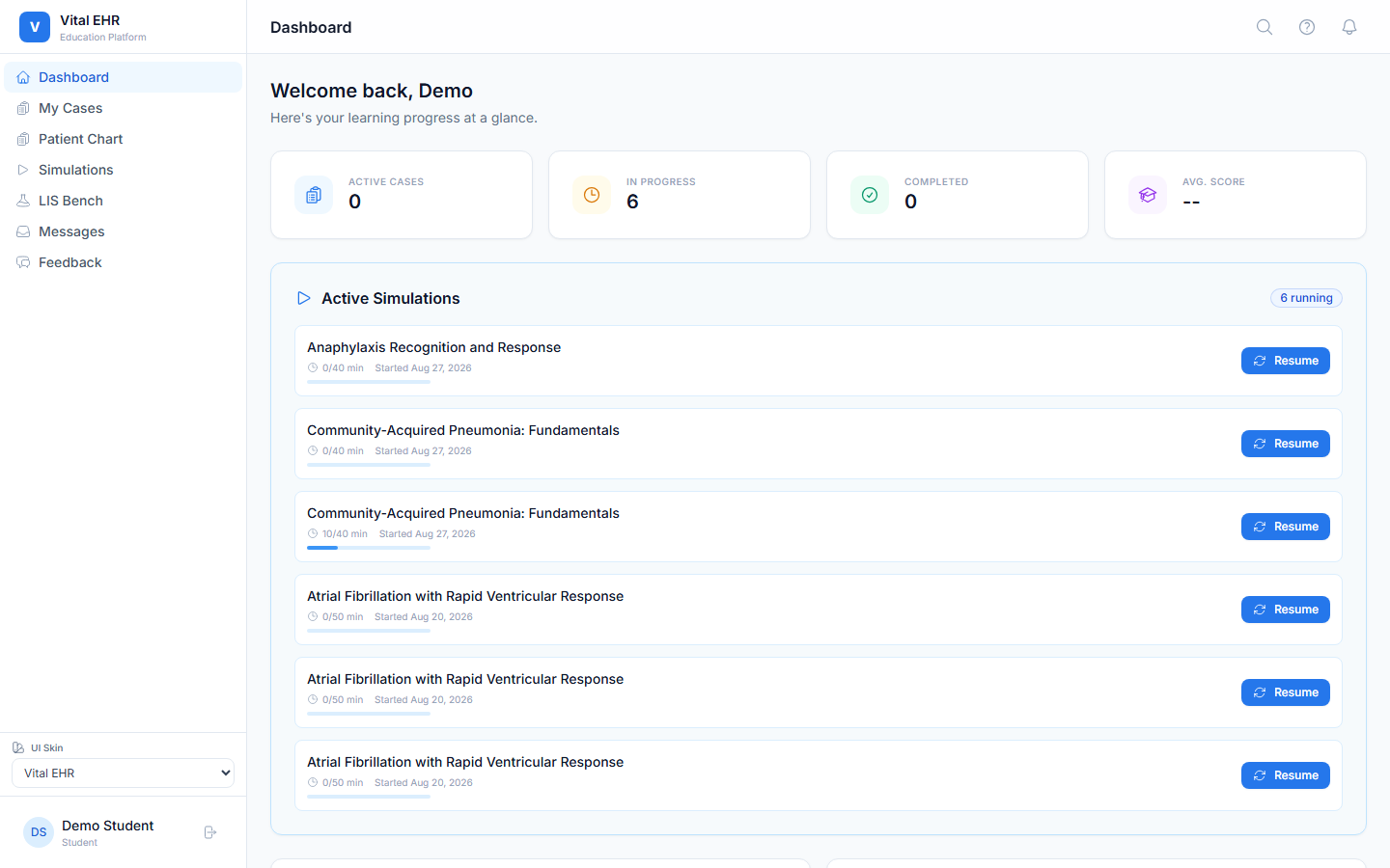 Vital EHR student dashboard